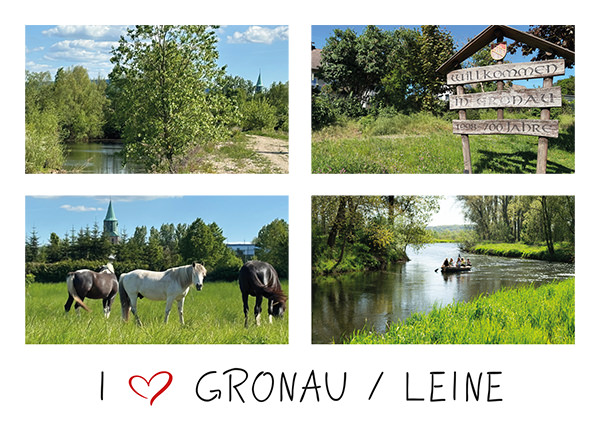 Postkarte mit dem Schriftzug Liebe I love Gronau / Leine und vier Bildern rund um den Ort