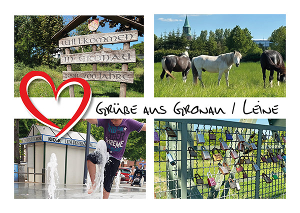 Postkarte mit dem Schriftzug Grüße aus Gronau / Leine und 4 Bildern aus dem Ort